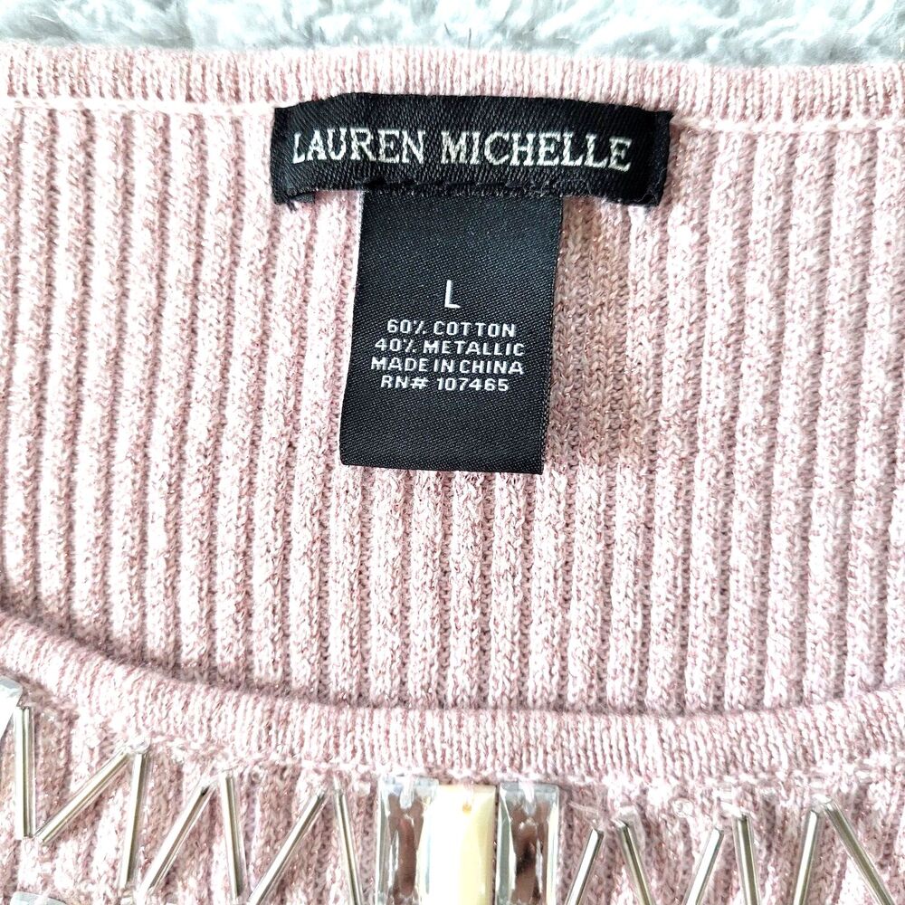 Lauren Michelle Sweater Women Large Pink 3/4 Sleeve Ribbed Beaded Western - Picture 3 of 9